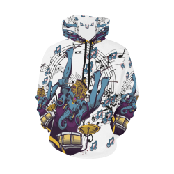 Ganesha Drummer Red Blue and Purple Music Theme White All Over Print Hoodie for Women (USA Size) (Model H13)