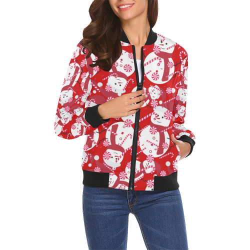 Candy Cane Santa Christmas Party RED All Over Print Bomber Jacket for Women (Model H19)