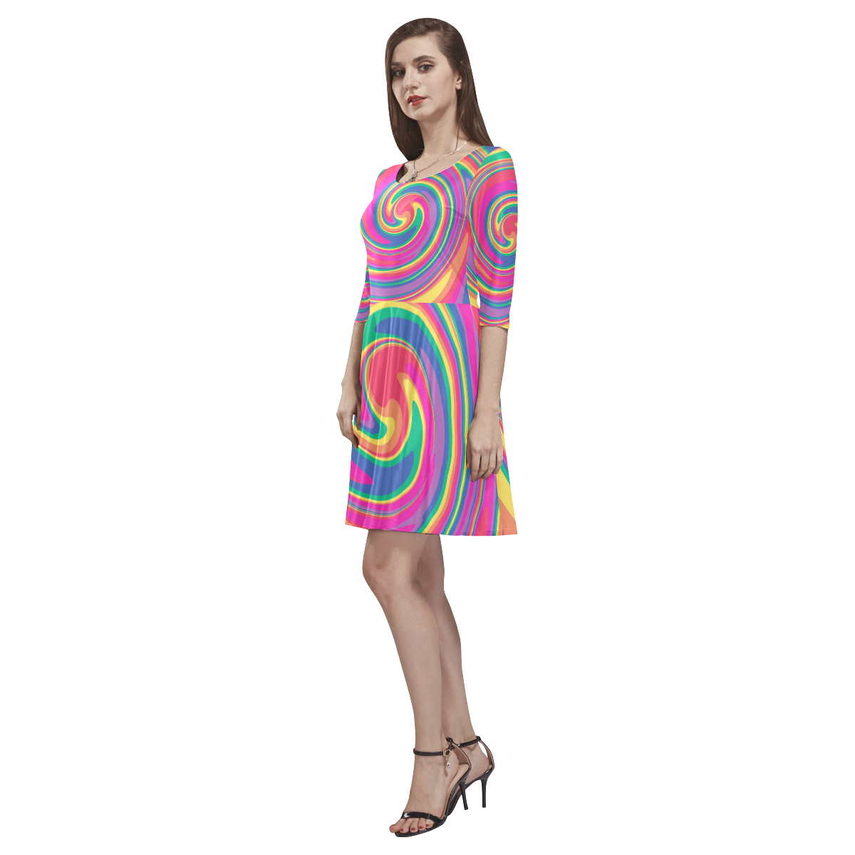 Rainbow Swirl Tethys Half-Sleeve Skater Dress(Model D20)