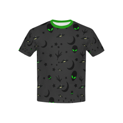 Alien Flying Saucers Stars Pattern on Charcoal/Green Trim Kids' All Over Print T-Shirt with Solid Color Neck (Model T40)