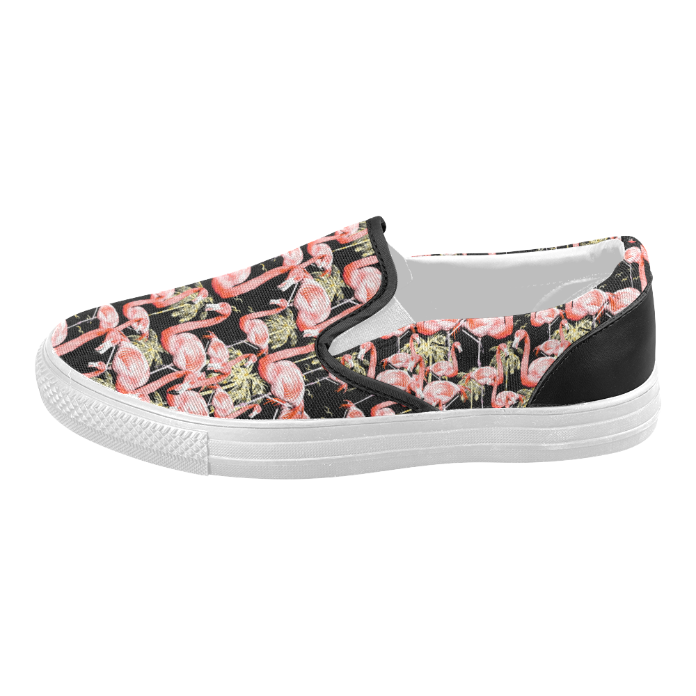 Pattern of flamingos among golden palm trees 2 Women's Slip-on Canvas Shoes (Model 019)