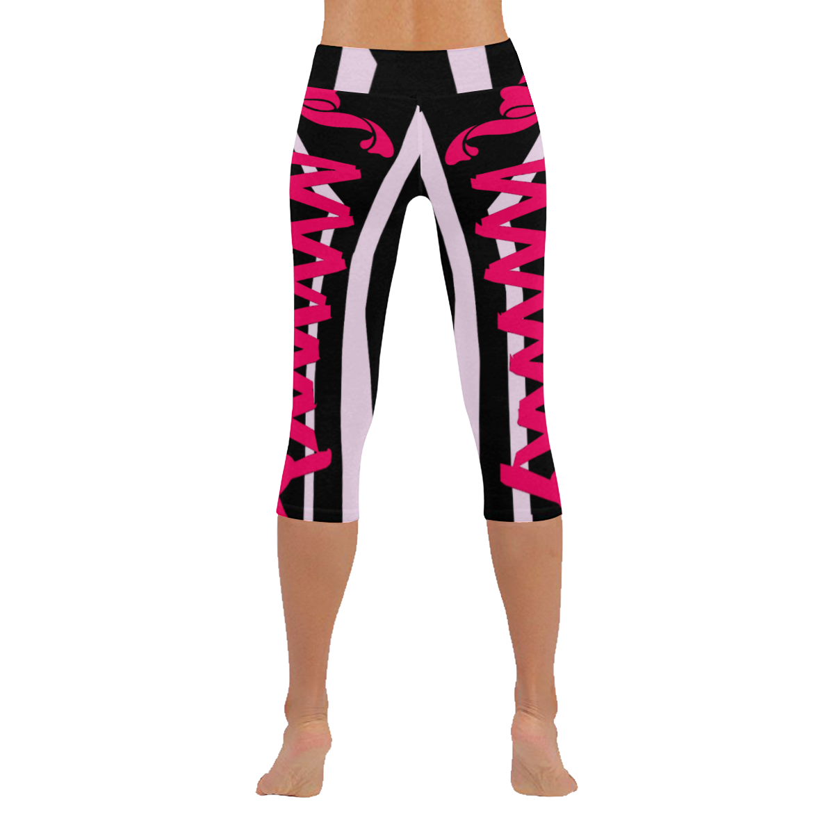 Stripe Pink Tie Print Women's Low Rise Capri Leggings (Invisible Stitch) (Model L08)