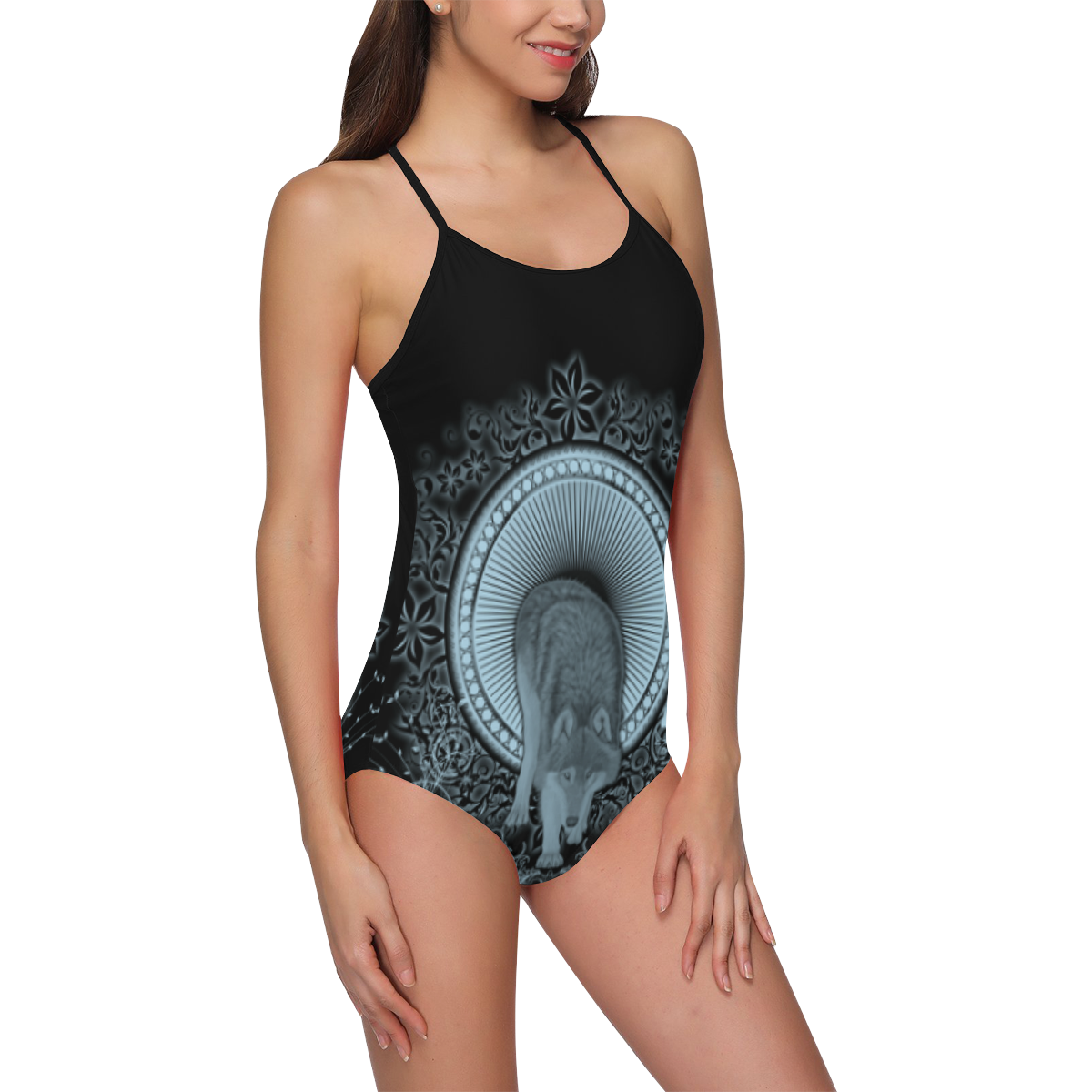 Wolf in black and blue Strap Swimsuit ( Model S05)