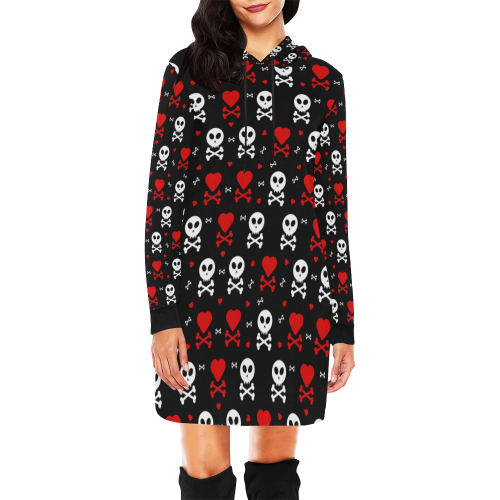 Skull and Crossbones All Over Print Hoodie Mini Dress (Model H27)