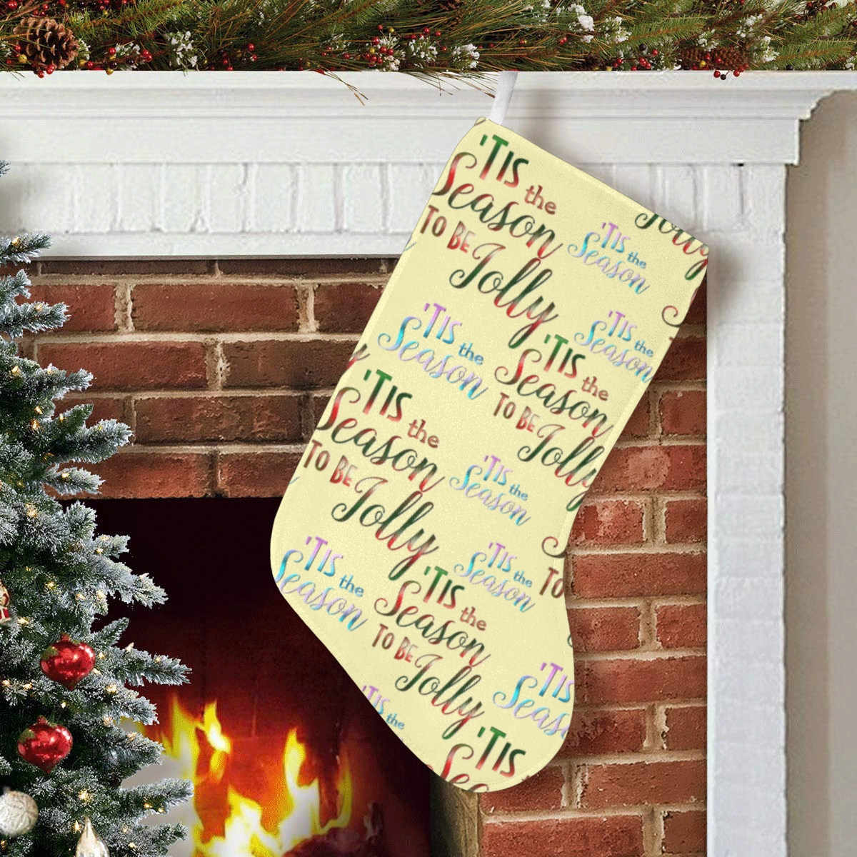 Christmas 'Tis The Season Pattern on Yellow Christmas Stocking (Without Folded Top)