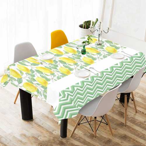 Lemons With Chevron Cotton Linen Tablecloth 60"x 104"