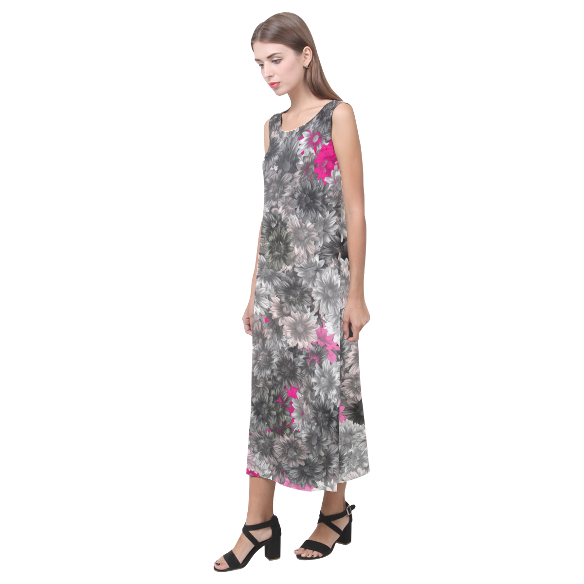 Pink and Gray Floral Art Phaedra Sleeveless Open Fork Long Dress (Model D08)