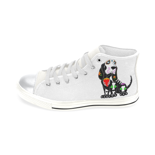 Basset Hound Sugar Skull White High Top Canvas Women's Shoes/Large Size (Model 017)