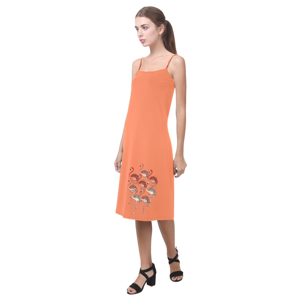 Living Coral Color Flamingos Alcestis Slip Dress (Model D05)