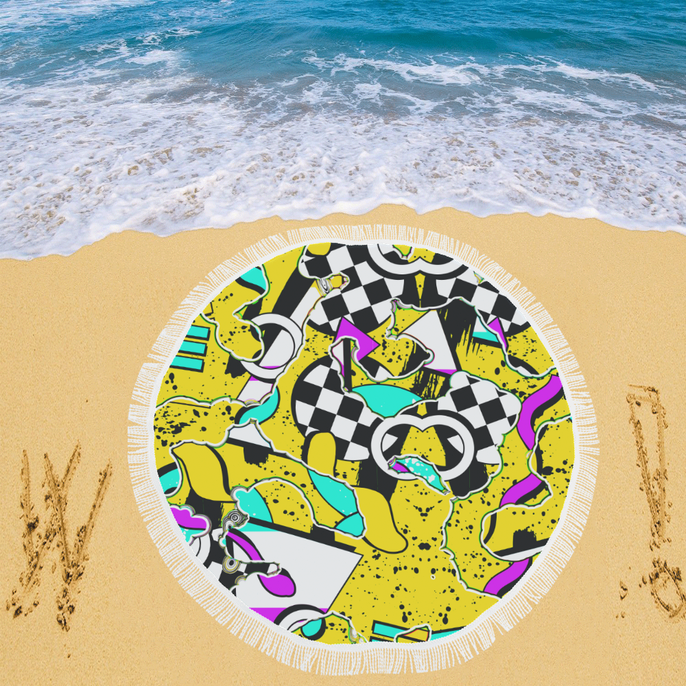 Shapes on a yellow background Circular Beach Shawl 59"x 59"