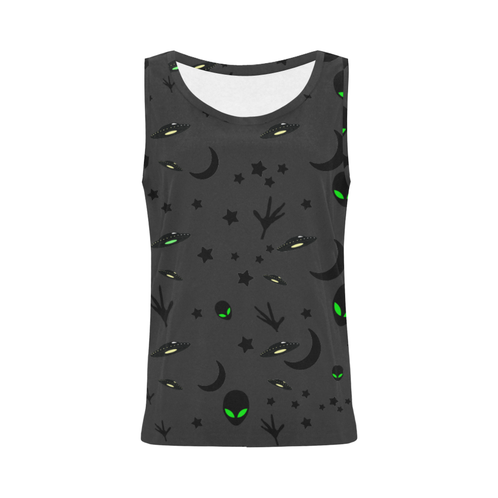 Alien Flying Saucers Stars Pattern on Charcoal All Over Print Tank Top for Women (Model T43)
