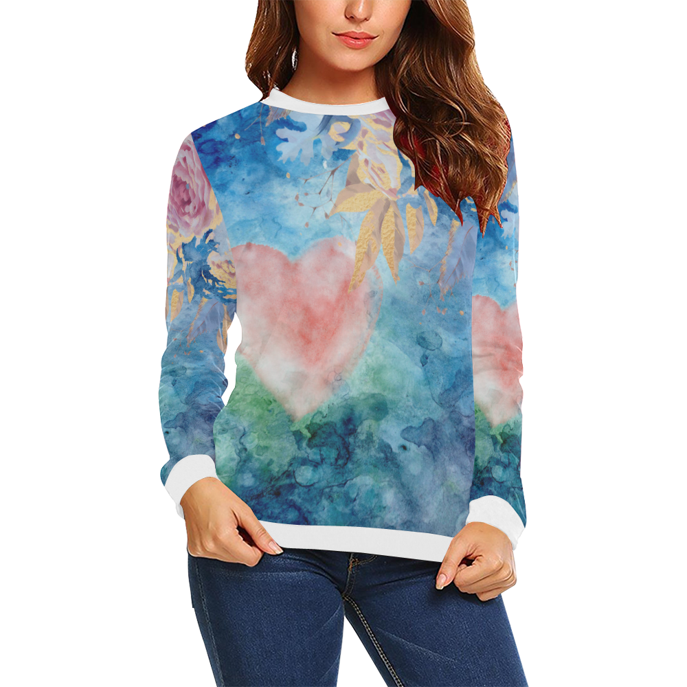 Heart and Flowers - Pink and Blue All Over Print Crewneck Sweatshirt for Women (Model H18)