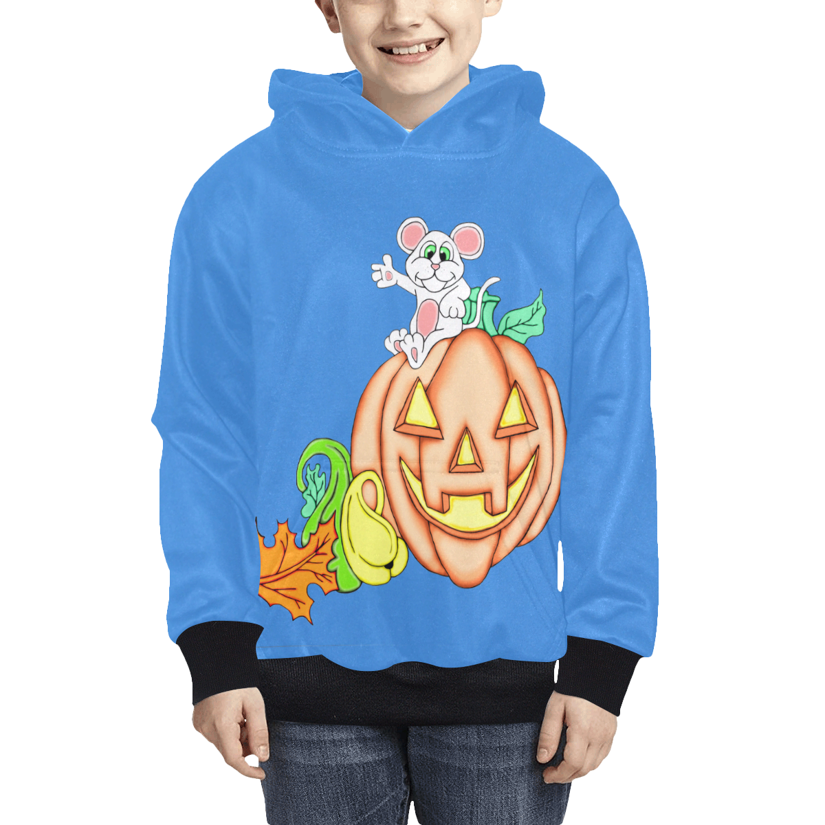 Cute Mouse Halloween Punpkin Blue Kids' All Over Print Hoodie (Model H38)