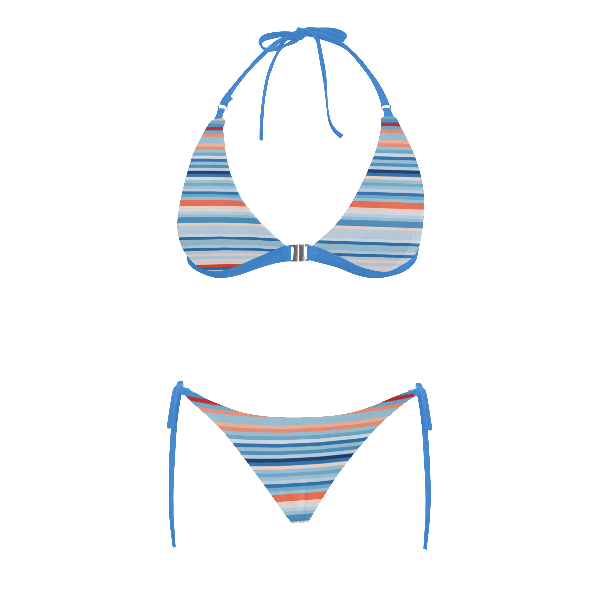 blue and coral stripe 2 Buckle Front Halter Bikini Swimsuit (Model S08)