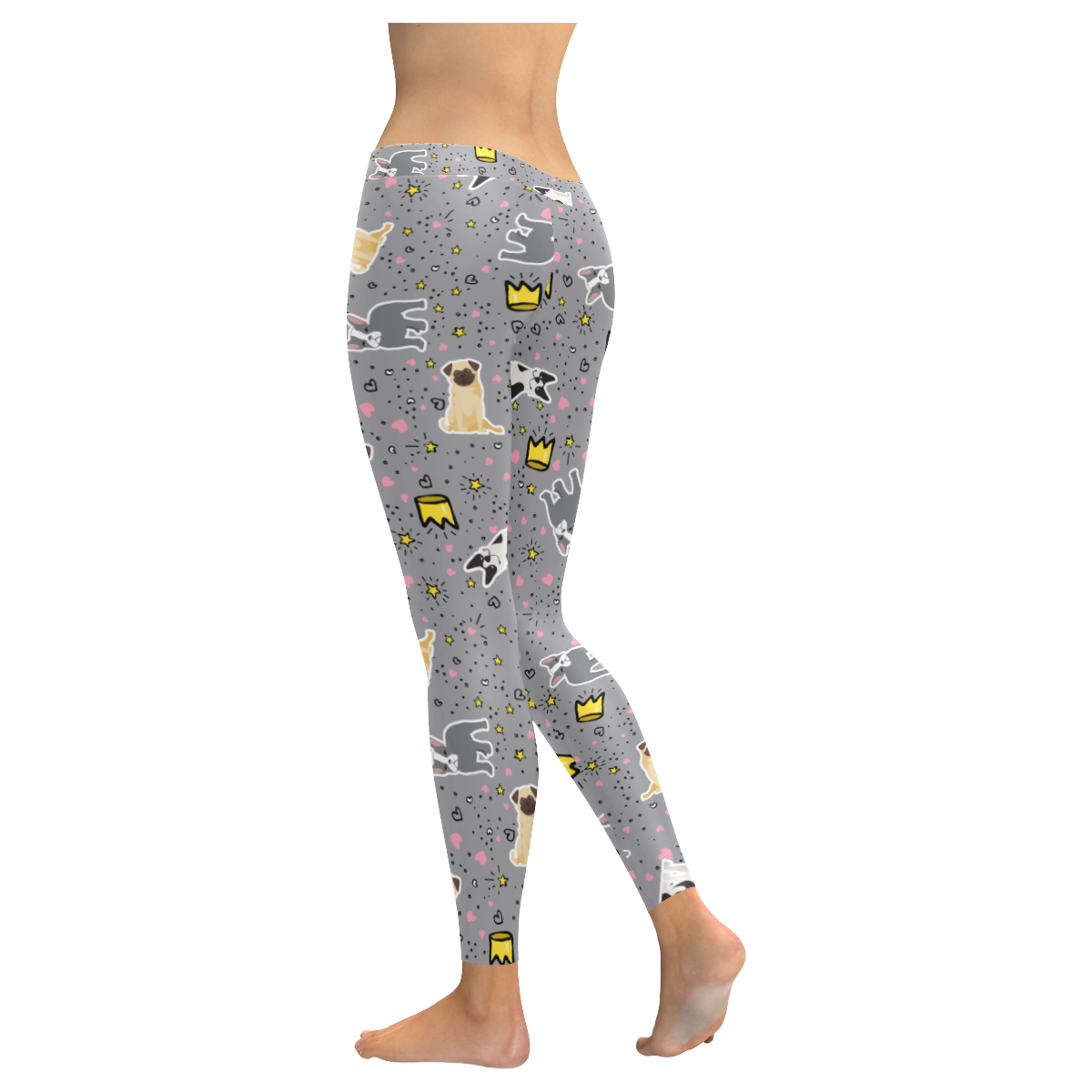 Pugs Frenchies Bostons Gray Women's Low Rise Leggings (Invisible Stitch) (Model L05)