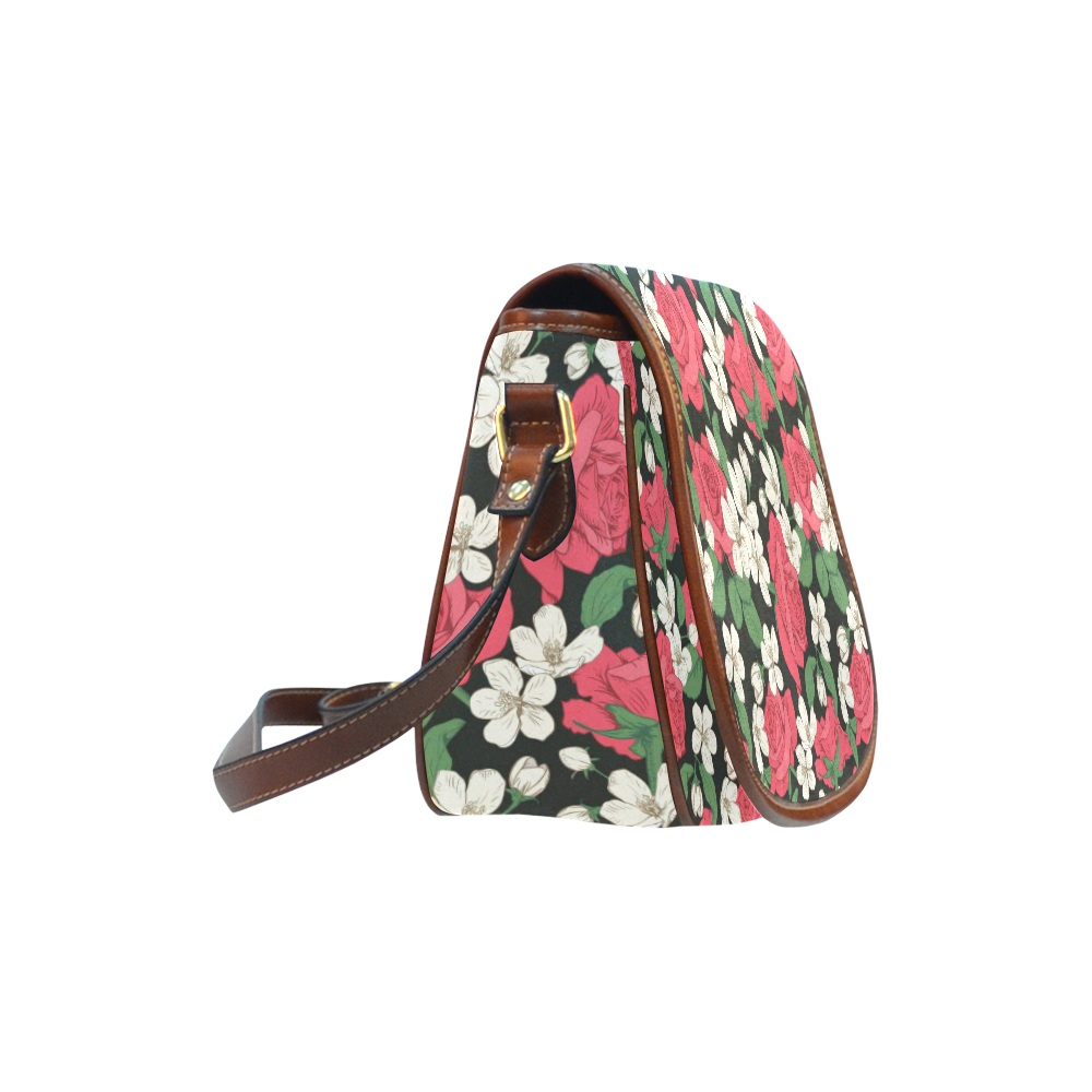Pink, White and Black Floral Saddle Bag/Small (Model 1649) Full Customization