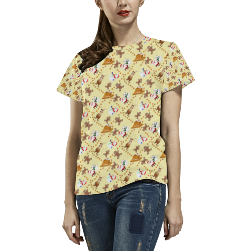 Christmas Gingerbread, Snowman, Reindeer and Santa Claus Yellow All Over Print T-Shirt for Women (USA Size) (Model T40)