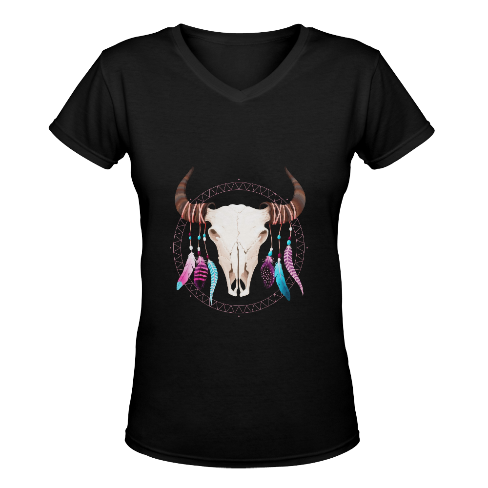 Buffalo Skull with Feathers Women's Deep V-neck T-shirt (Model T19)