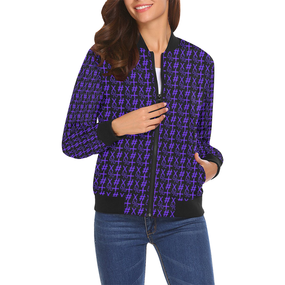 NUMBERS Collection Symbols Purple/Black All Over Print Bomber Jacket for Women (Model H19)