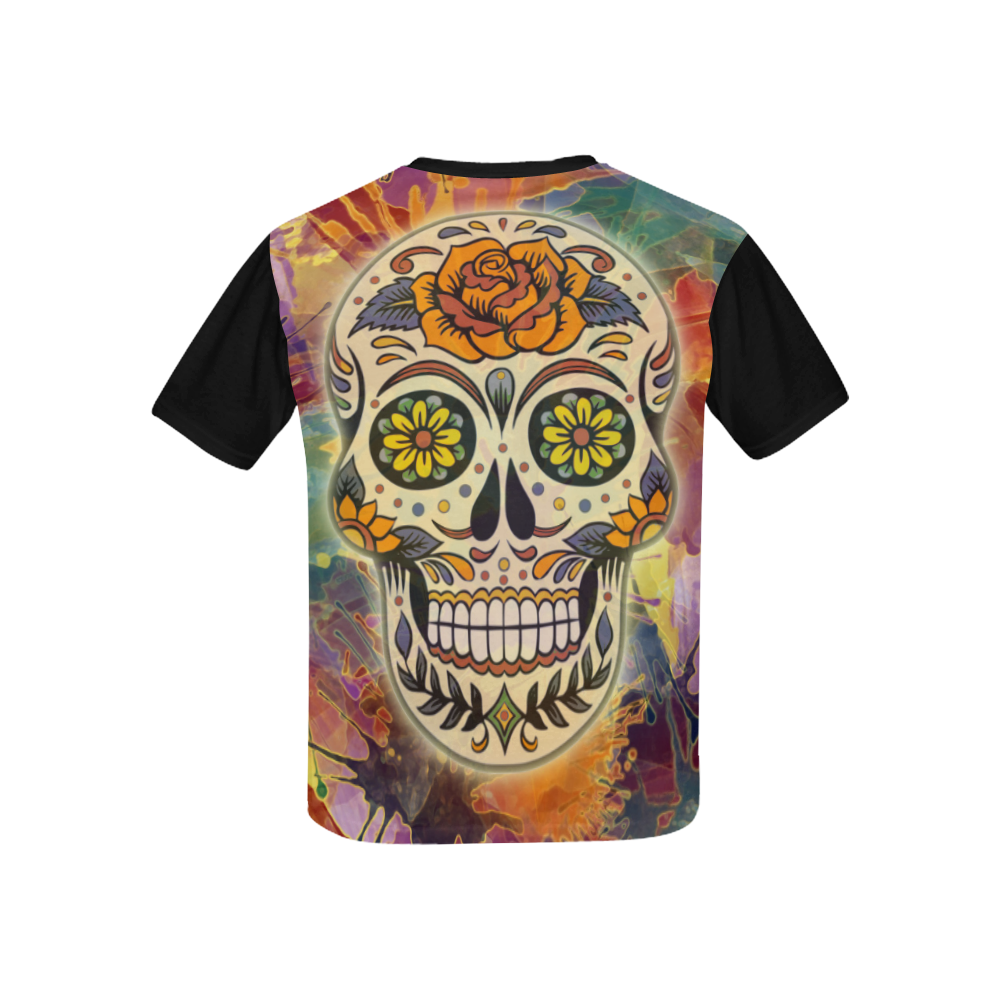 Sugar Skull Rose Splashes Kids' All Over Print T-Shirt with Solid Color Neck (Model T40)