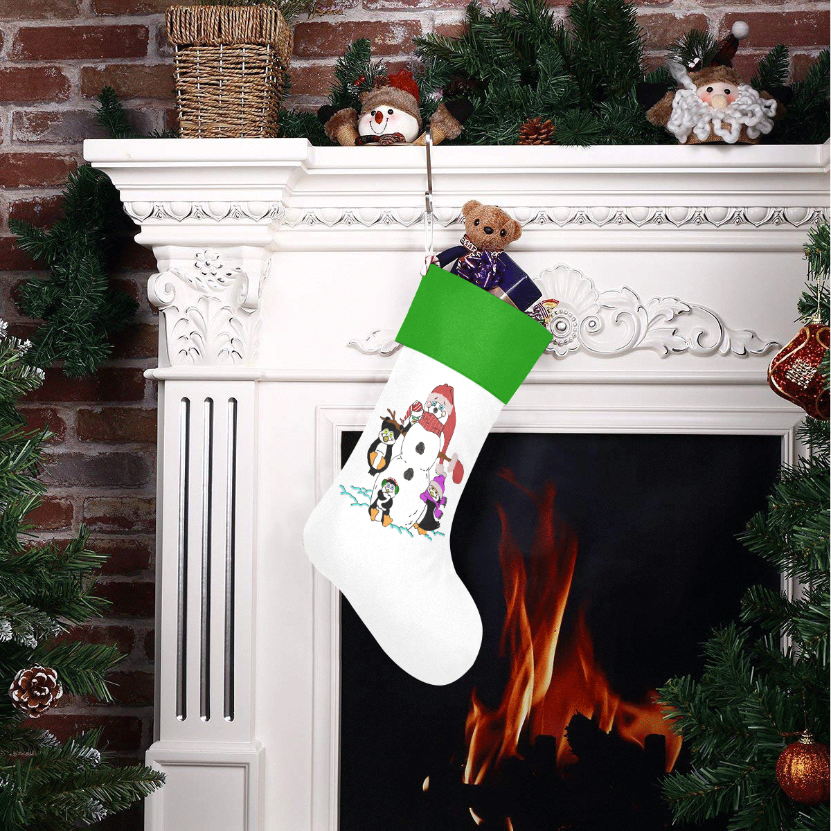 Christmas Snowman And Penguins White/Green Christmas Stocking