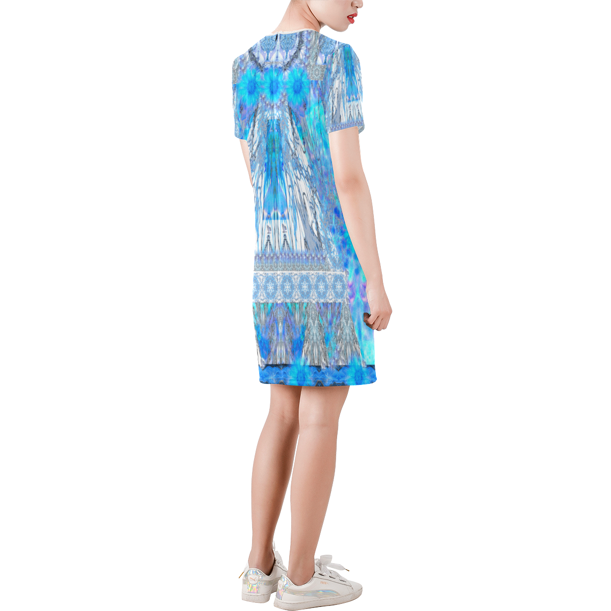 nature blue Short-Sleeve Round Neck A-Line Dress (Model D47)