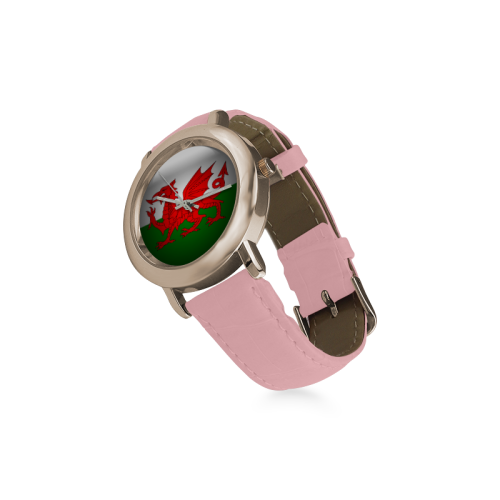 welsh flag Women's Rose Gold Leather Strap Watch(Model 201)