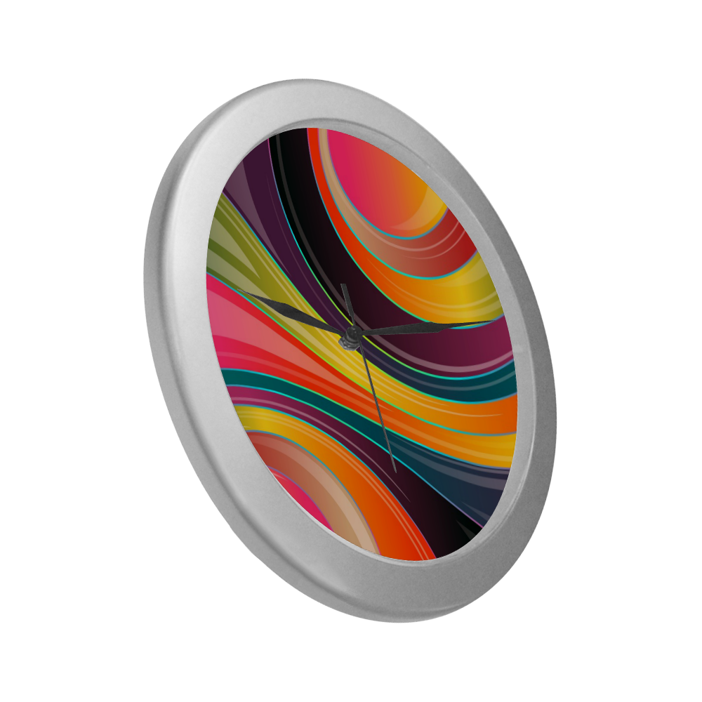 Silver Frame Wall Clock Colorful Abstract Modern Art Swirling Wave style Wall Accessory Silver Color Wall Clock
