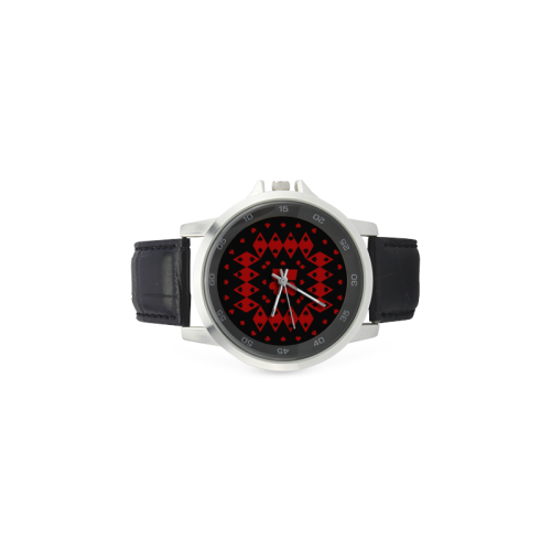 Black and Red Playing Card Shapes Round on Black Unisex Stainless Steel Leather Strap Watch(Model 202)