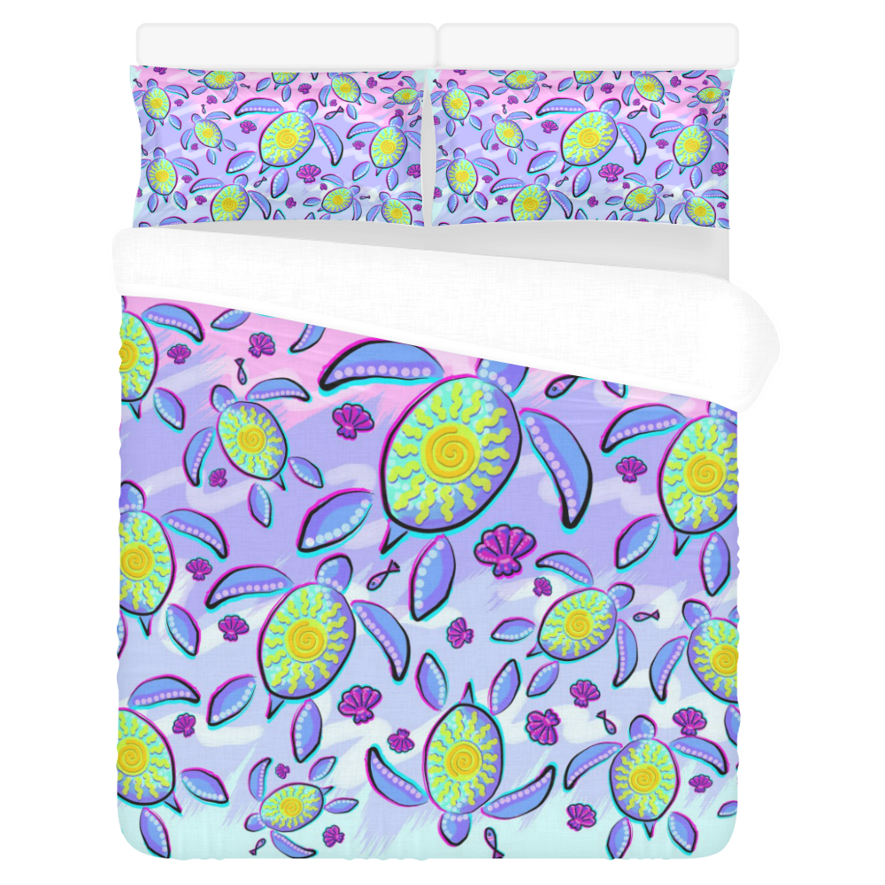 Sea Turtle and Sun Abstract Glitch Ultraviolet 3-Piece Bedding Set