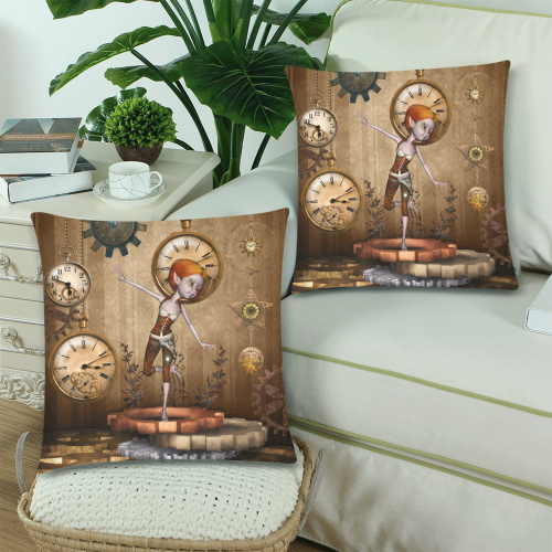 Steampunk girl, clocks and gears Custom Zippered Pillow Cases 18"x 18" (Twin Sides) (Set of 2)