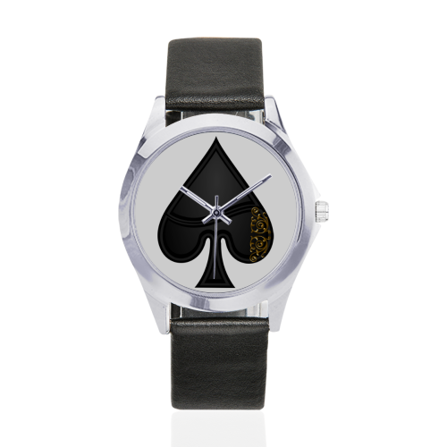 Spade Las Vegas Symbol Playing Card Shape  (White) Unisex Silver-Tone Round Leather Watch (Model 216)
