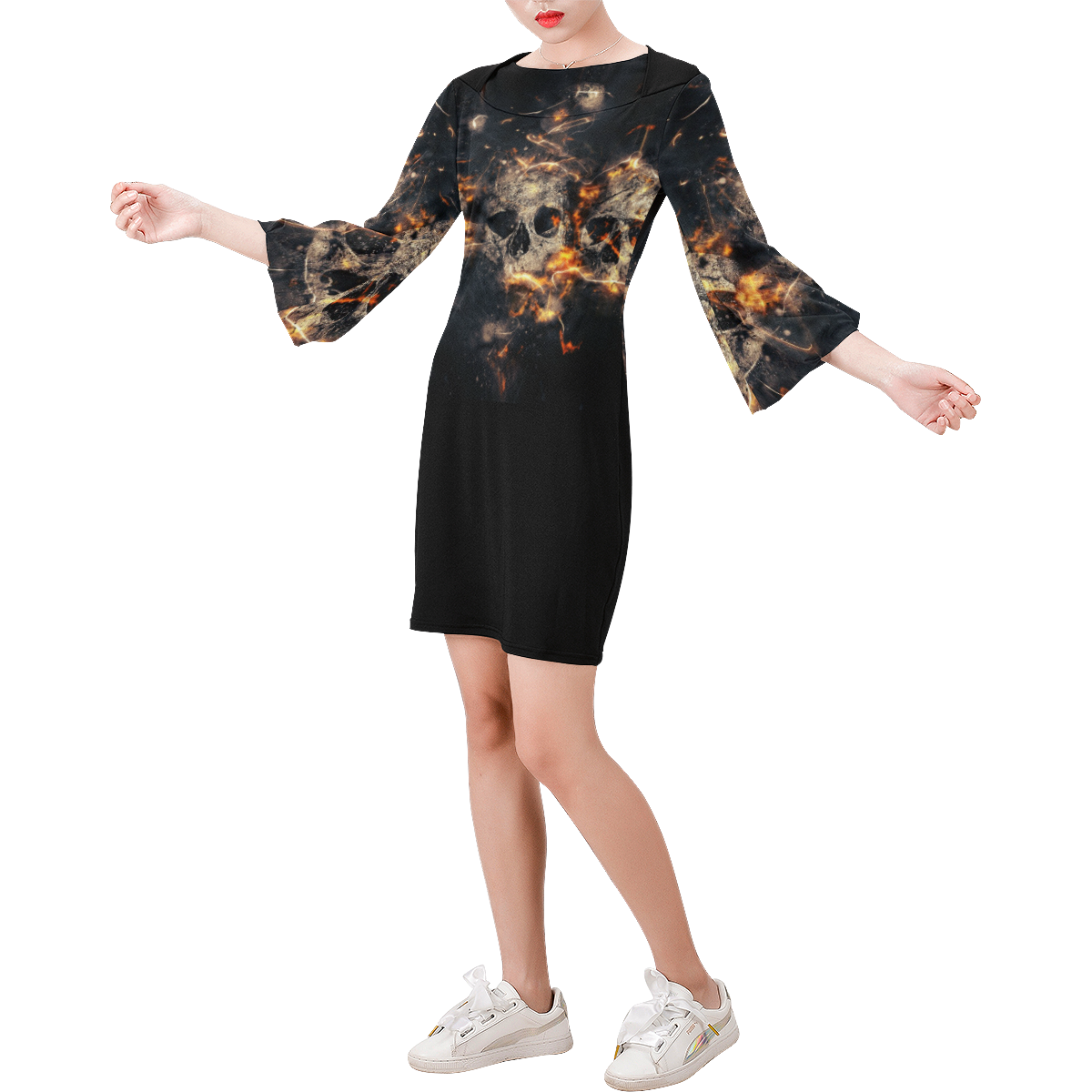 Flaming Skulls Bell Sleeve Dress Bell Sleeve Dress (Model D52)