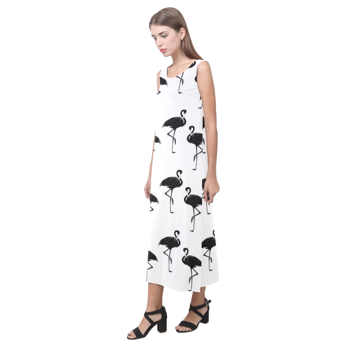 Flamingos Pattern Black and White Phaedra Sleeveless Open Fork Long Dress (Model D08)