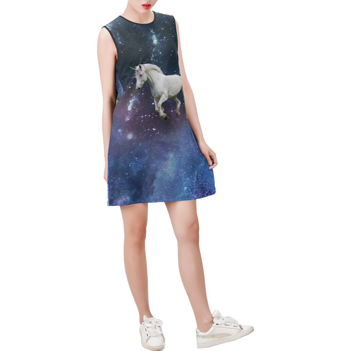 Unicorn and Space Sleeveless Round Neck Shift Dress (Model D51)