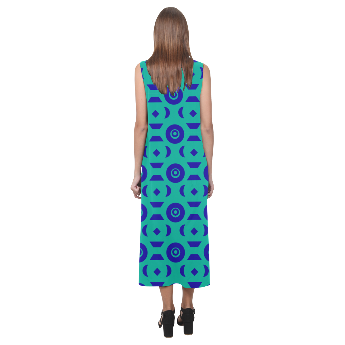 Blue Geometric Shapes in Turquoise Phaedra Sleeveless Open Fork Long Dress (Model D08)
