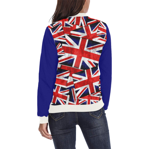 Union Jack British UK Flag (Vest Style) Blue All Over Print Bomber Jacket for Women (Model H36)