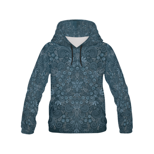 Blueberry Field, Blue, Watercolor Mandala All Over Print Hoodie for Women (USA Size) (Model H13)