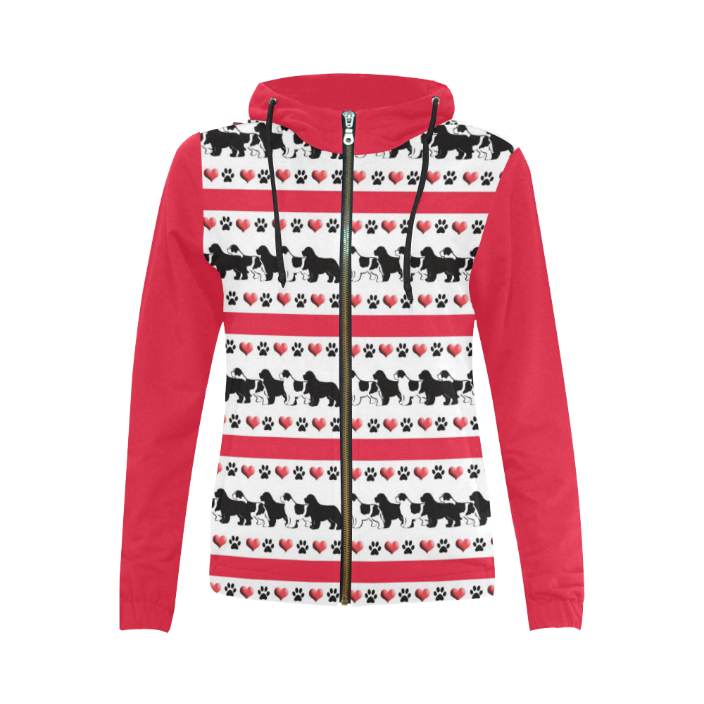 newf hearts and pawprints hoodie All Over Print Full Zip Hoodie for Women (Model H14)