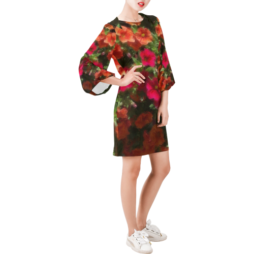 Painted Flowers 4 by JamColors Bell Sleeve Dress (Model D52)