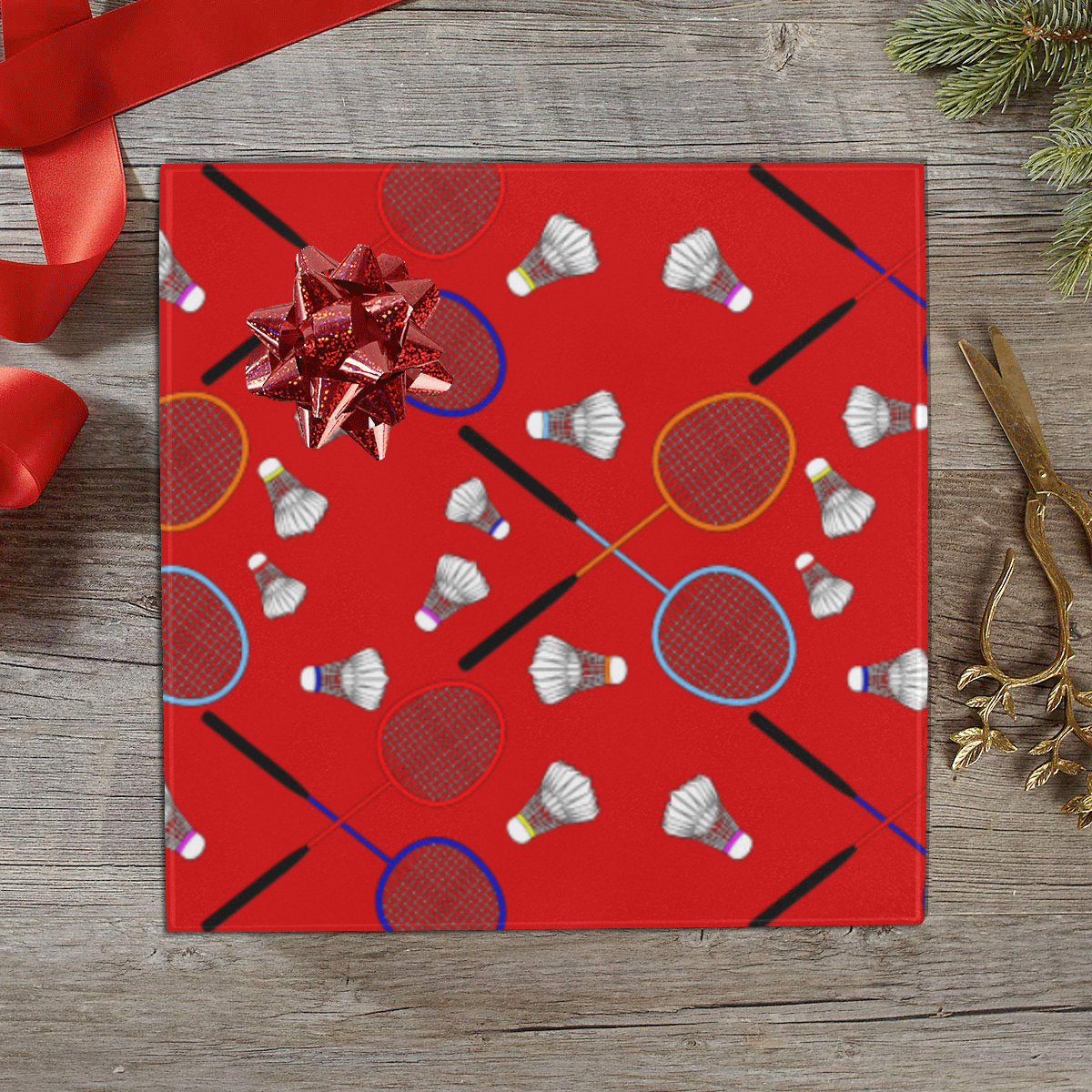 Badminton Rackets and Shuttlecocks Pattern Sports Red Gift Wrapping Paper 58"x 23" (1 Roll)