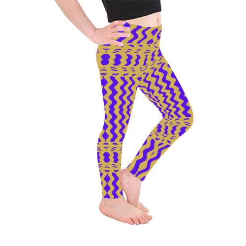 Purple Yellow Modern  Waves Lines Kid's Ankle Length Leggings (Model L06)