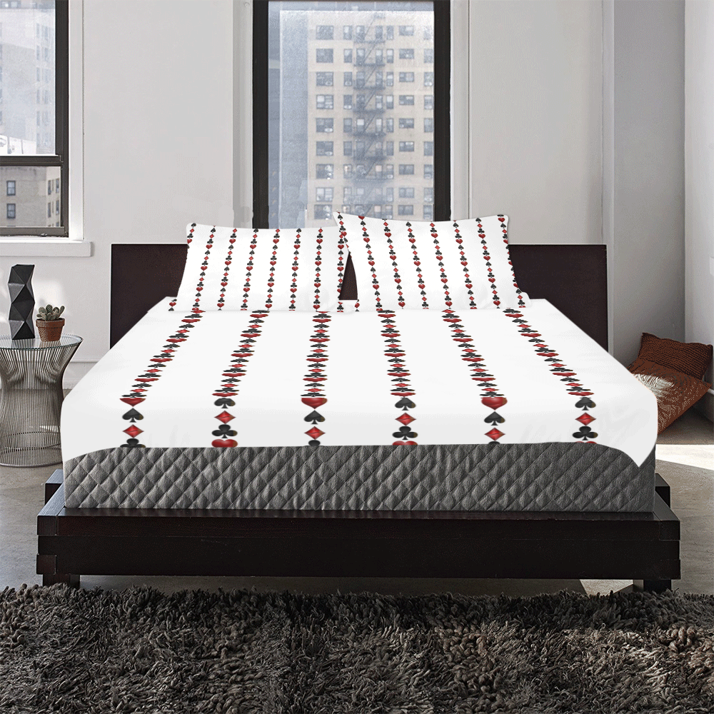 Las Vegas  Black and Red Casino Poker Card Shapes on White 3-Piece Bedding Set