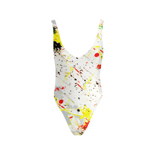 Yellow & Black Paint Splatter (White Straps) Sexy Low Back One-Piece Swimsuit (Model S09)