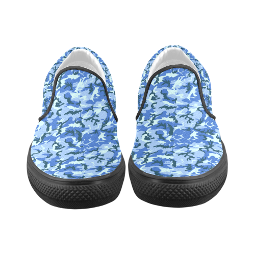 Woodland Blue Camouflage Women's Unusual Slip-on Canvas Shoes (Model 019)