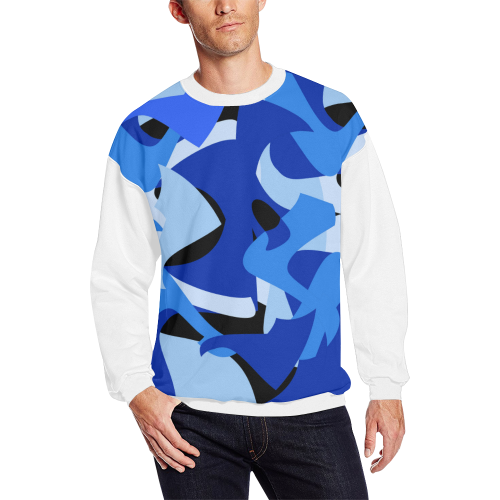Camouflage Abstract Blue and Black (Vest Style) White Men's Oversized Fleece Crew Sweatshirt (Model H18)