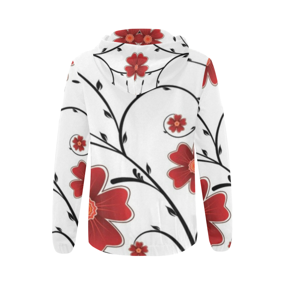 Big beautiful red flowers print all over print full zip hoodie for women All Over Print Full Zip Hoodie for Women (Model H14)