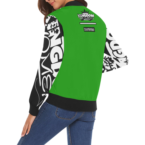 Neon Green/Black All Over Print Bomber Jacket for Women (Model H19)