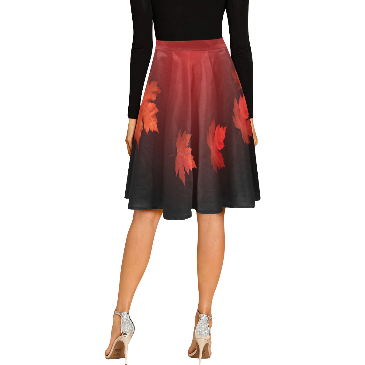 Autumn Maple Leaf Skirts Knee Length Flared Melete Pleated Midi Skirt (Model D15)