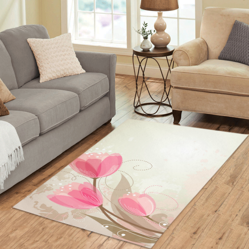 Pink Tulips on Taupe & Tan Watercolor Area Rug 5'x3'3''